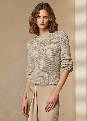 Beige Women’s Ralph Lauren Embellished Silk Rollneck Sweaters