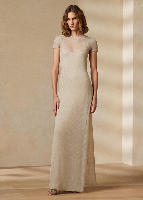 Beige Women’s Ralph Lauren Mesh Short-Sleeve Evening Dress Beige Women’s Ralph Lauren Mesh Short-Sleeve Evening Dress