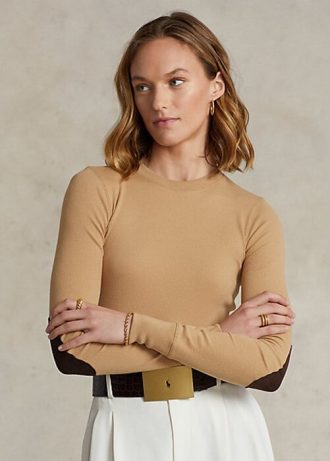 Beige Women’s Ralph Lauren Ribbed Suede-Trim Long-Sleeve T Shirts