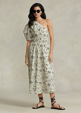 Black / Beige Women’s Ralph Lauren Floral Asymmetrical Shirred Poplin Dress