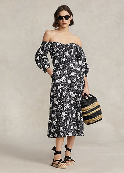Black / Cream Women’s Ralph Lauren Floral Off-the-Shoulder Linen Dress Black / Cream Women’s Ralph Lauren Floral Off-the-Shoulder Linen Dress