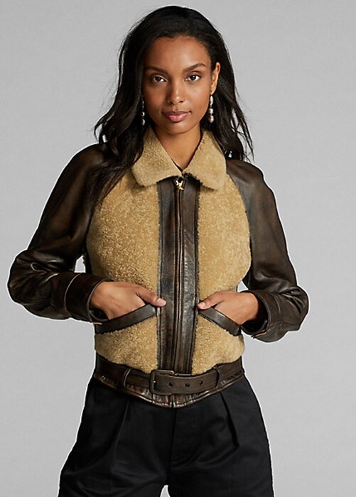 Black / Cream Women’s Ralph Lauren Shearling-Paneled Leather Jackets Black / Cream Women’s Ralph Lauren Shearling-Paneled Leather Jackets