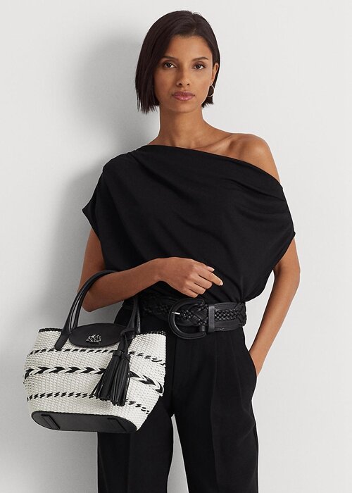 Black/Snow White Women’s Ralph Lauren Geo-Motif Woven Leather Large Perri Tote Bags Black/Snow White Women’s Ralph Lauren Geo-Motif Woven Leather Large Perri Tote Bags