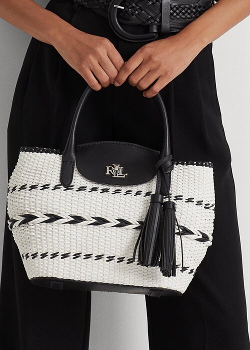 Black/Snow White Women’s Ralph Lauren Geo-Motif Woven Leather Large Perri Tote Bags Black/Snow White Women’s Ralph Lauren Geo-Motif Woven Leather Large Perri Tote Bags