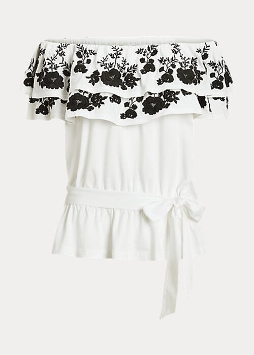 Black / White Women’s Ralph Lauren Embroidered Jersey Off-the-Shoulder Tops Black / White Women’s Ralph Lauren Embroidered Jersey Off-the-Shoulder Tops
