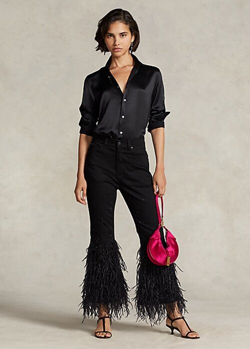 Black Women’s Ralph Lauren Beaded Feather-Trim High-Rise Flare Jeans Black Women’s Ralph Lauren Beaded Feather-Trim High-Rise Flare Jeans