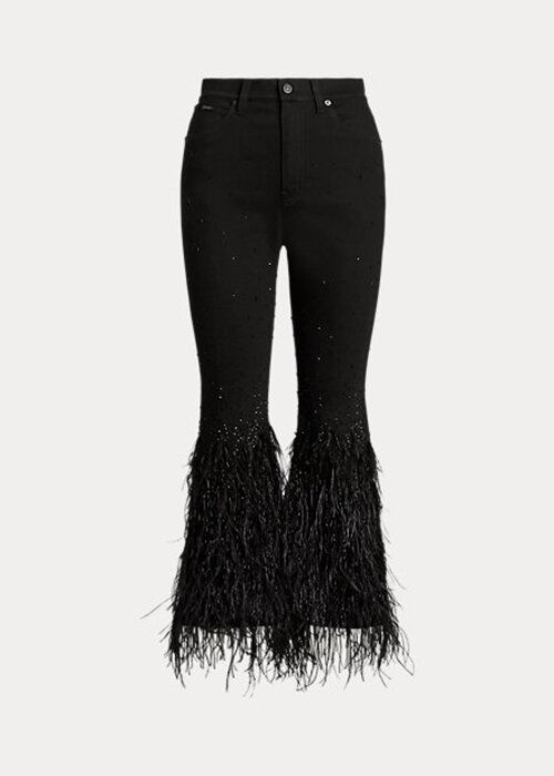Black Women’s Ralph Lauren Beaded Feather-Trim High-Rise Flare Jeans Black Women’s Ralph Lauren Beaded Feather-Trim High-Rise Flare Jeans