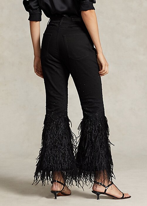 Black Women’s Ralph Lauren Beaded Feather-Trim High-Rise Flare Jeans Black Women’s Ralph Lauren Beaded Feather-Trim High-Rise Flare Jeans