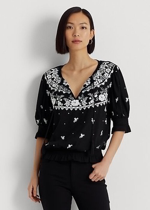 Black Women’s Ralph Lauren Embroidered Jersey Tie-Neck Tops Black Women’s Ralph Lauren Embroidered Jersey Tie-Neck Tops