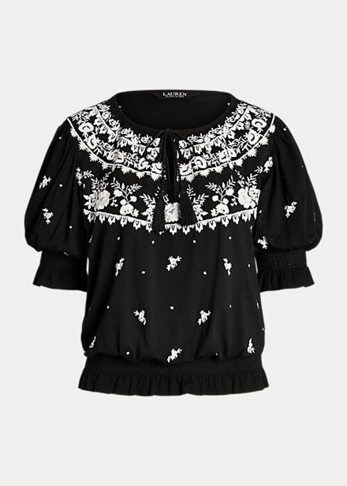 Black Women’s Ralph Lauren Embroidered Jersey Tie-Neck Tops Black Women’s Ralph Lauren Embroidered Jersey Tie-Neck Tops