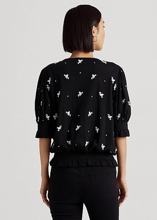 Black Women’s Ralph Lauren Embroidered Jersey Tie-Neck Tops Black Women’s Ralph Lauren Embroidered Jersey Tie-Neck Tops