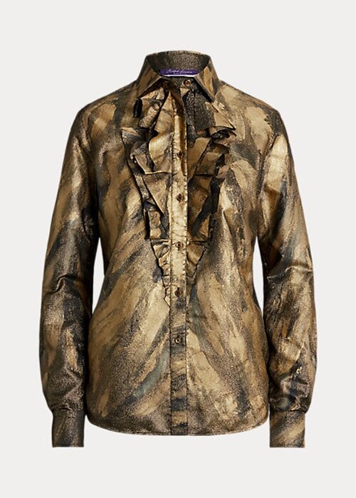 Black Women’s Ralph Lauren Keara Ruffle-Trim Metallic Shirts Black Women’s Ralph Lauren Keara Ruffle-Trim Metallic Shirts