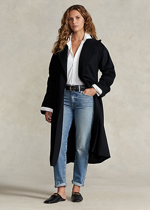 Black Women’s Ralph Lauren Peak-Lapel Wool-Blend Wrap Coats Black Women’s Ralph Lauren Peak-Lapel Wool-Blend Wrap Coats
