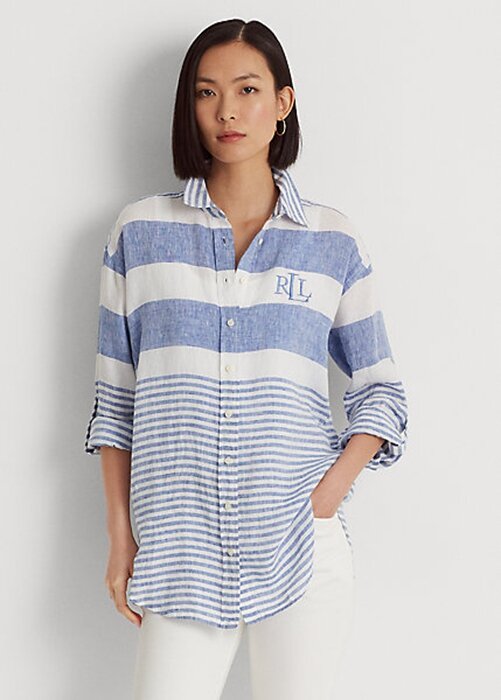Blue / White Women’s Ralph Lauren Striped Oversize Linen Shirts Blue / White Women’s Ralph Lauren Striped Oversize Linen Shirts