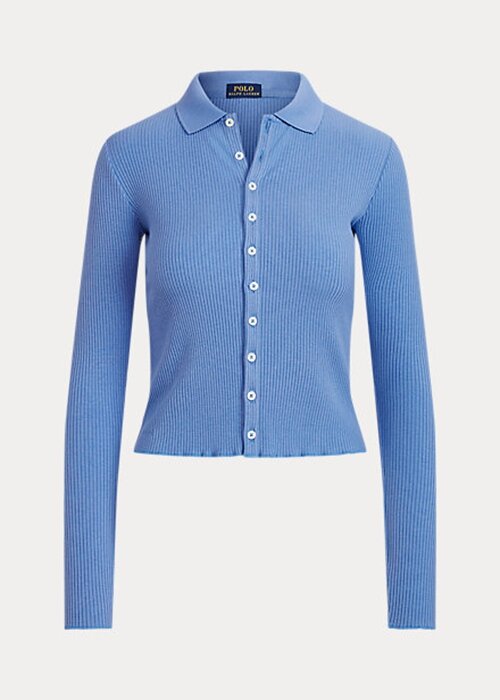 Blue Women’s Ralph Lauren Cropped Ribbed Button-Front Polo Shirts Blue Women’s Ralph Lauren Cropped Ribbed Button-Front Polo Shirts
