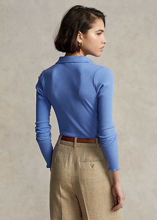 Blue Women’s Ralph Lauren Cropped Ribbed Button-Front Polo Shirts Blue Women’s Ralph Lauren Cropped Ribbed Button-Front Polo Shirts