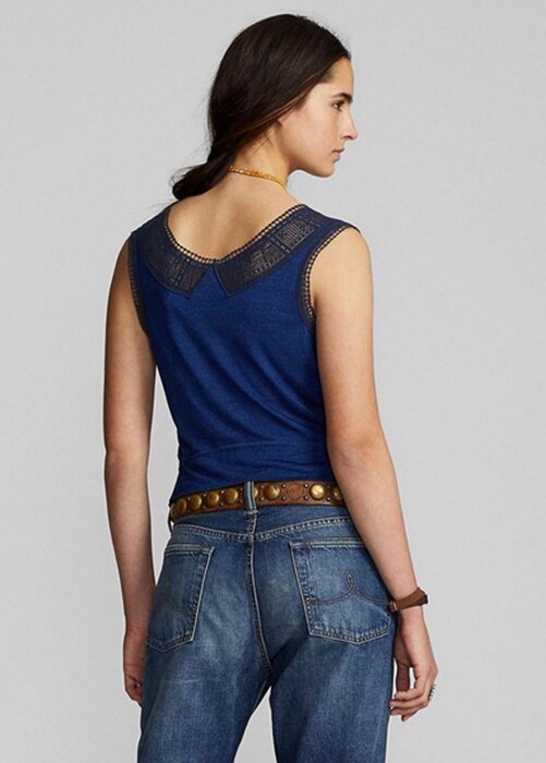 Blue Women’s Ralph Lauren Indigo Crochet-trim Camisole Tops Blue Women’s Ralph Lauren Indigo Crochet-trim Camisole Tops