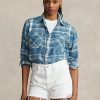 Blue Women’s Ralph Lauren Plaid Cotton Twill High-Low Shirts