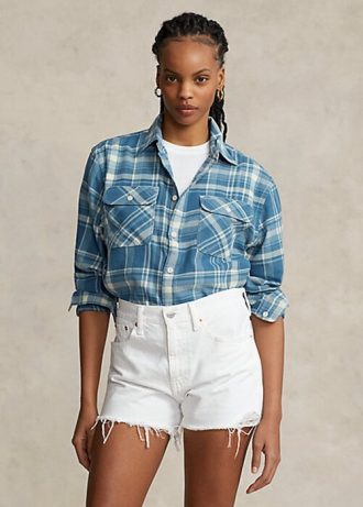 Blue Women’s Ralph Lauren Plaid Cotton Twill High-Low Shirts