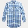 Blue Women’s Ralph Lauren Plaid Cotton Twill High-Low Shirts