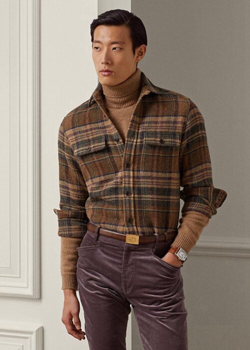 Brown Men’s Ralph Lauren Suede-patch Plaid Wool Tweed Shirts Brown Men’s Ralph Lauren Suede-patch Plaid Wool Tweed Shirts