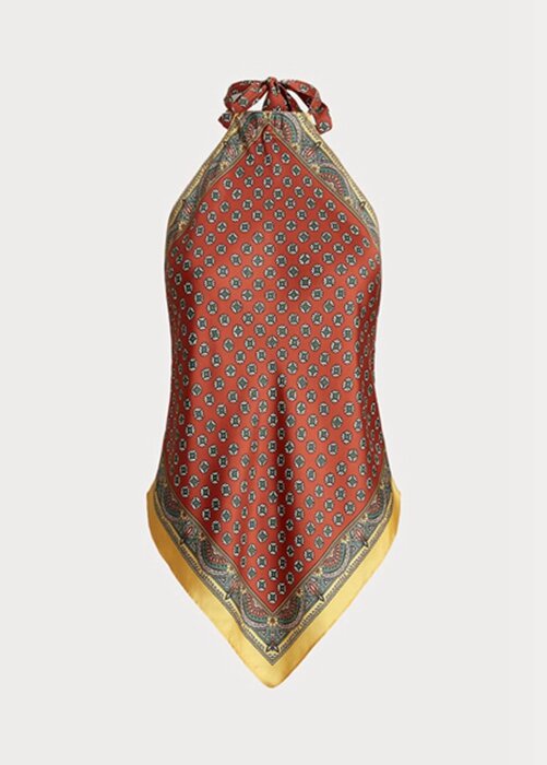Brown Women’s Ralph Lauren Scarf-motif Mulberry Silk Halter Tops Brown Women’s Ralph Lauren Scarf-motif Mulberry Silk Halter Tops