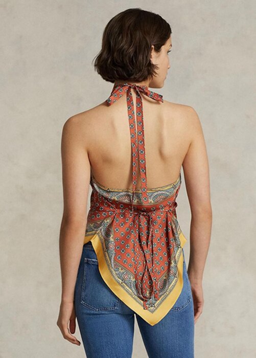 Brown Women’s Ralph Lauren Scarf-motif Mulberry Silk Halter Tops Brown Women’s Ralph Lauren Scarf-motif Mulberry Silk Halter Tops