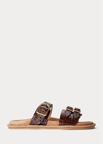 Chocolate Women’s Ralph Lauren Ezra Crocodile-Embossed Leather Sandals
