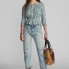 Cream / Blue Women’s Ralph Lauren Gingham Voile Peplum Blouse Shirts
