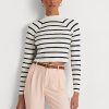 Cream / Navy Women’s Ralph Lauren Striped Cropped Mockneck Sweaters Cream / Navy Women’s Ralph Lauren Striped Cropped Mockneck Sweaters