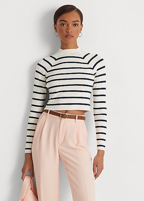 Cream / Navy Women’s Ralph Lauren Striped Cropped Mockneck Sweaters Cream / Navy Women’s Ralph Lauren Striped Cropped Mockneck Sweaters
