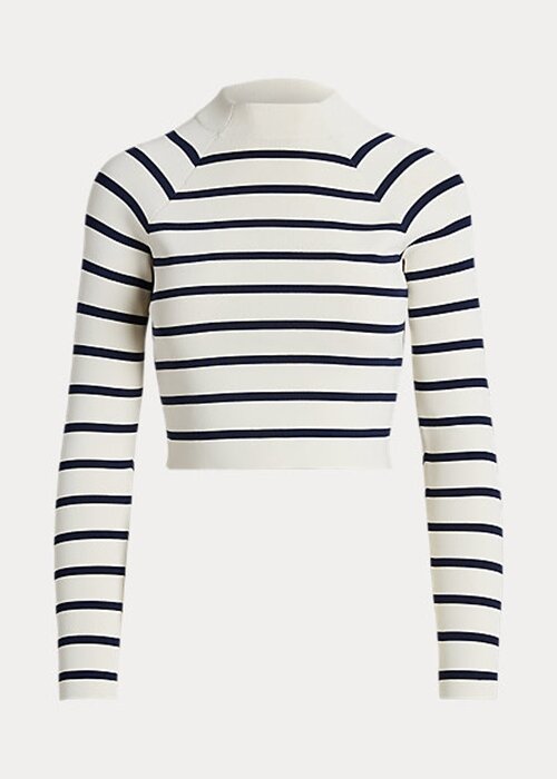 Cream / Navy Women’s Ralph Lauren Striped Cropped Mockneck Sweaters Cream / Navy Women’s Ralph Lauren Striped Cropped Mockneck Sweaters