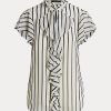 Cream / Navy Women’s Ralph Lauren Striped Ruffle-Trim Chiffon Blouse Shirts Cream / Navy Women’s Ralph Lauren Striped Ruffle-Trim Chiffon Blouse Shirts