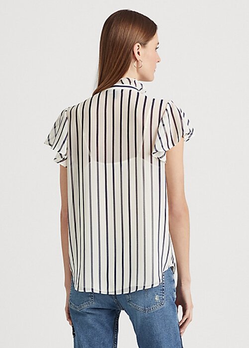 Cream / Navy Women’s Ralph Lauren Striped Ruffle-Trim Chiffon Blouse Shirts Cream / Navy Women’s Ralph Lauren Striped Ruffle-Trim Chiffon Blouse Shirts