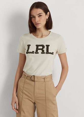 Cream Women’s Ralph Lauren Beaded-Logo Jersey T Shirts