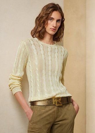 Cream Women’s Ralph Lauren Cable-Knit Silk Crewneck Sweaters Cream Women’s Ralph Lauren Cable-Knit Silk Crewneck Sweaters