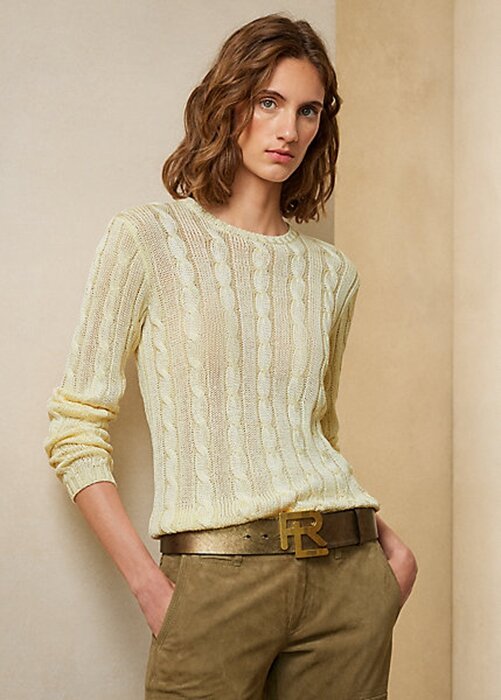 Cream Women’s Ralph Lauren Cable-Knit Silk Crewneck Sweaters Cream Women’s Ralph Lauren Cable-Knit Silk Crewneck Sweaters