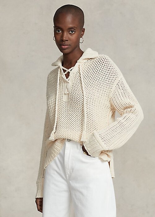 Cream Women’s Ralph Lauren Cross-Stitch Lace-Up Cotton-Wool Sweaters Cream Women’s Ralph Lauren Cross-Stitch Lace-Up Cotton-Wool Sweaters