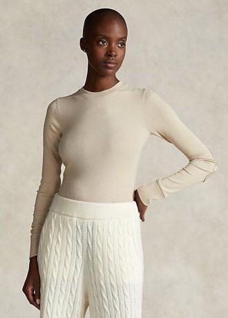 Cream Women’s Ralph Lauren Ribbed Suede-Trim Long-Sleeve T Shirts
