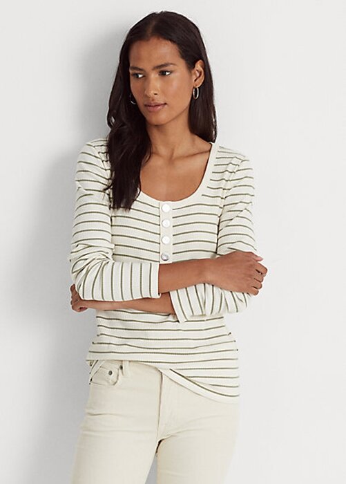 Cream Women’s Ralph Lauren Striped Cotton-Blend Henley Tops Cream Women’s Ralph Lauren Striped Cotton-Blend Henley Tops