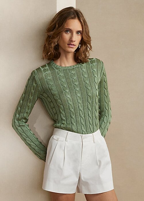 Green Women’s Ralph Lauren Cable-Knit Silk Crewneck Sweaters Green Women’s Ralph Lauren Cable-Knit Silk Crewneck Sweaters