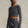 Grey Women’s Ralph Lauren Ribbed Button-Front Cropped Tops