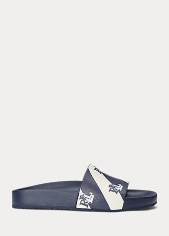 Navy Women’s Ralph Lauren Audrina Logo Faux-Leather Slippers