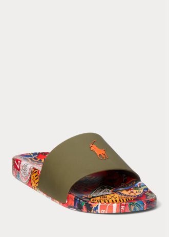 Olive Men’s Ralph Lauren Patch-Print Slippers