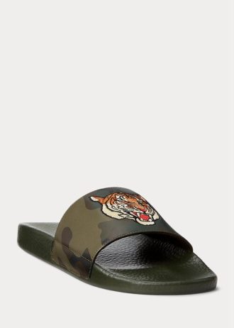 Olive Men’s Ralph Lauren Tiger Camo Leather Slippers