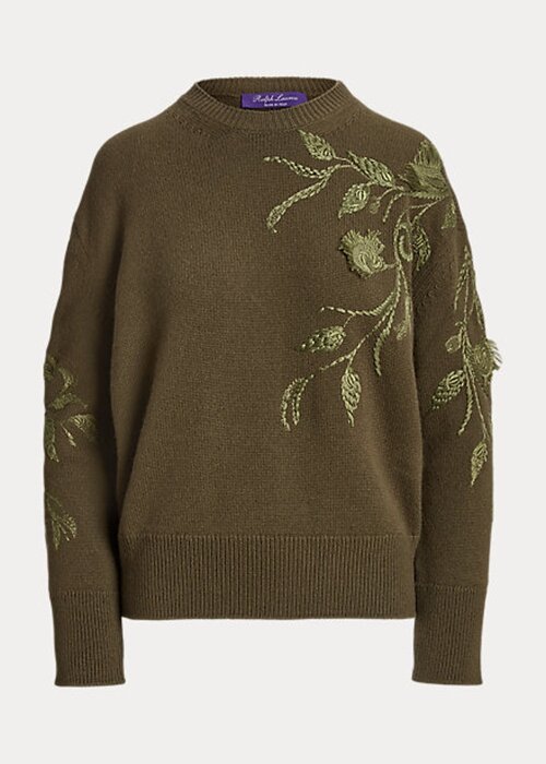 Olive Women’s Ralph Lauren Embellished Cashmere Crewneck Sweaters Olive Women’s Ralph Lauren Embellished Cashmere Crewneck Sweaters