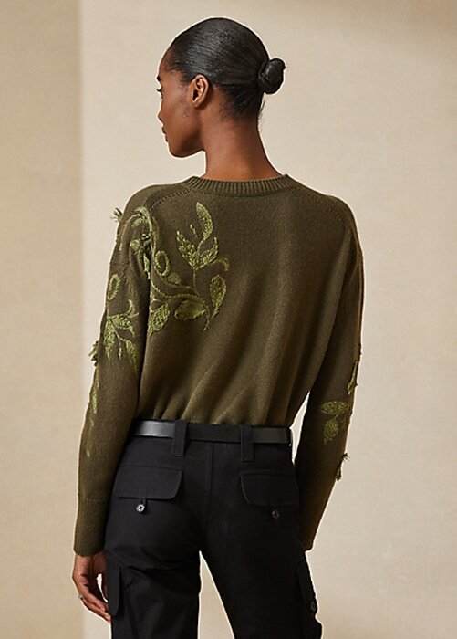 Olive Women’s Ralph Lauren Embellished Cashmere Crewneck Sweaters Olive Women’s Ralph Lauren Embellished Cashmere Crewneck Sweaters