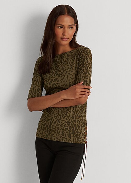 Olive Women’s Ralph Lauren Ocelot-Print Cotton Boatneck Tops Olive Women’s Ralph Lauren Ocelot-Print Cotton Boatneck Tops