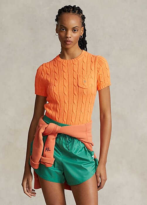 Orange Women’s Ralph Lauren Cable-Knit Cotton Short-Sleeve Sweaters Orange Women’s Ralph Lauren Cable-Knit Cotton Short-Sleeve Sweaters