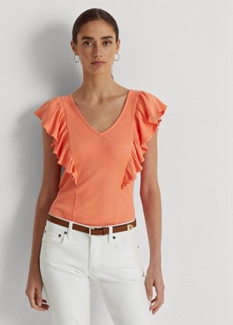 Orange Women’s Ralph Lauren Ruffle-trim Rib-knit T Shirts Orange Women’s Ralph Lauren Ruffle-trim Rib-knit T Shirts